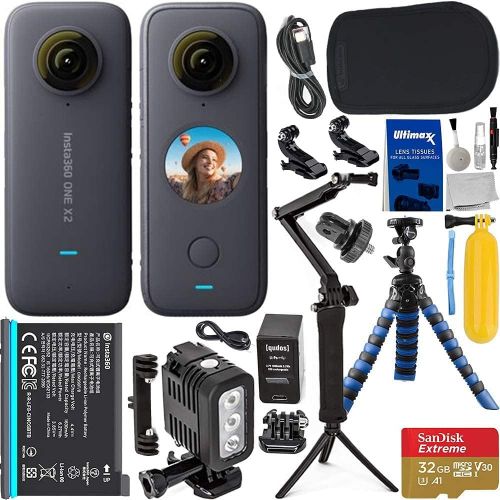  SSE Insta360 ONE X2 with Advanced Action Bundle: Bundle Includes ? SanDisk 32GB Extreme MicroSD Card, 3-Way Selfie Stick/Tripod, Floating Hand Grip, Waterproof LED Light, Insta360 Carr