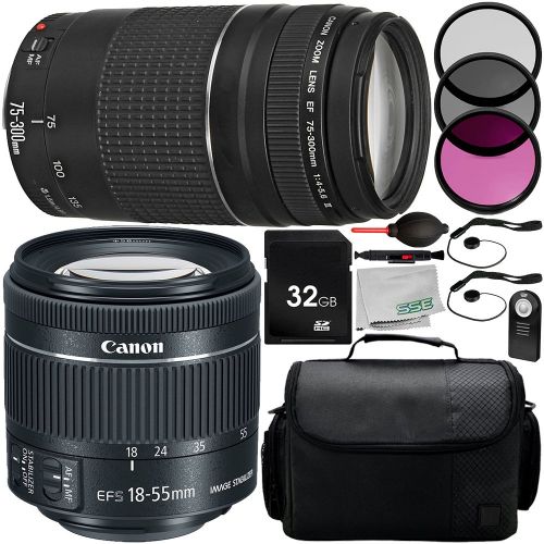  SSE Canon EF-S 18-55mm f4-5.6 is STM + EF 75-300mm f4-5.6 III 11PC Dual Lens Kit - Includes 3PC Filter Kit (UV + CPL + FLD) + More - International Version (No Warranty)