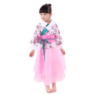 SSJ Kimono Robe Kids Costume Girls Sakura White Pink Skirt Princess Dress