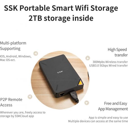  SSK 2TB Portable NAS External Wireless Hard Drive with Own Wi-Fi Hotspot, Personal Cloud Smart Storage Support Auto-Backup, Phone/Tablet PC/Laptop Wireless Remote Access