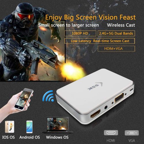  SSK Miracast DongleWiFi Display Dongle, 1080P 2.4G5G Wireless Display Adapter Support HDMI&VGA and WIFI, Cast Media, Image, PPT from Mobile phones to TVProjector, Compatible And