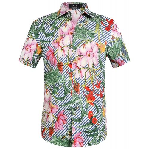  SSLR Mens Stripe Flower Button Down Casual Short Sleeve Hawaiian Shirt
