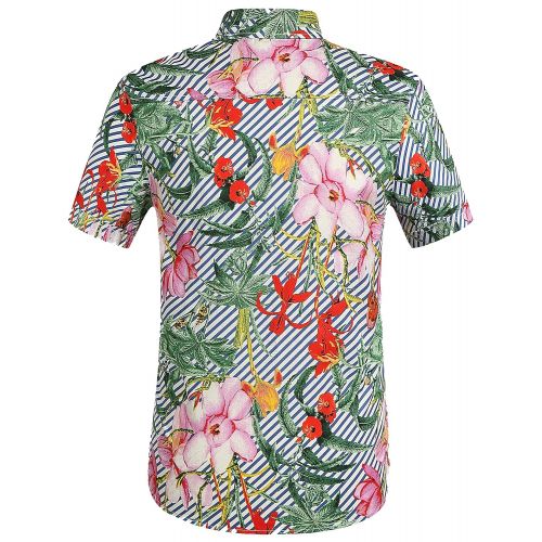  SSLR Mens Stripe Flower Button Down Casual Short Sleeve Hawaiian Shirt