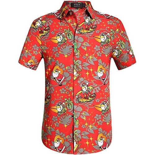  SSLR Mens Xmas Santa Button Down Casual Hawaiian Ugly Christmas Shirts