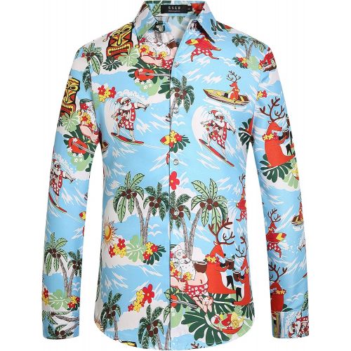  SSLR Mens Santa Claus Party Long Sleeve Hawaiian Ugly Christmas Shirts