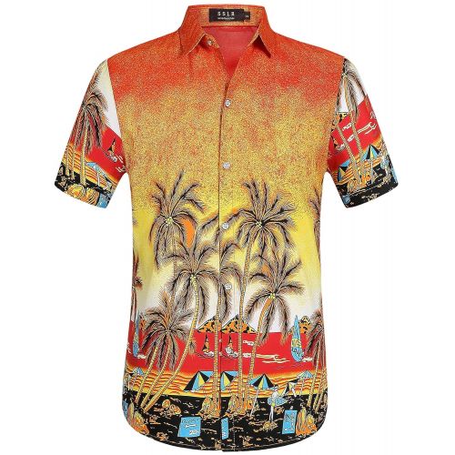  SSLR Mens Coconut Tree Button Down Short Sleeve Hawaiian Shirts