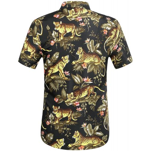  SSLR Mens Tiger Prints Button Down Casual Aloha Short Sleeve Hawaiian Shirt