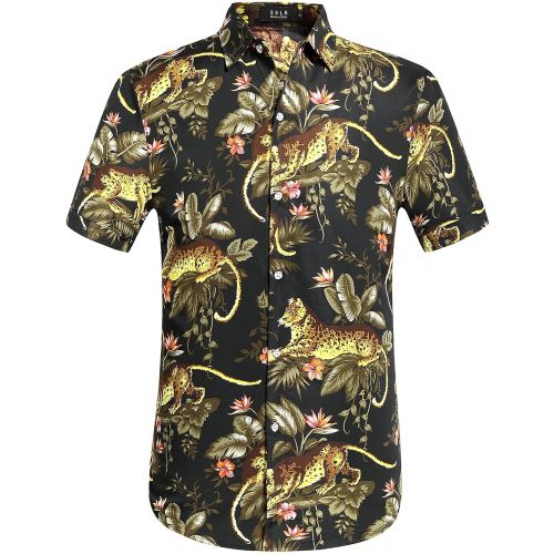  SSLR Mens Tiger Prints Button Down Casual Aloha Short Sleeve Hawaiian Shirt