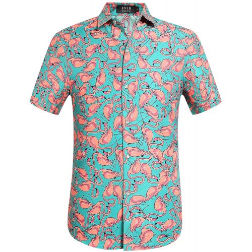  SSLR Mens Flamingos Summer Holiday Short Sleeve Aloha Hawaiian Shirt