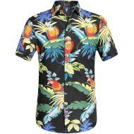 SSLR Mens Parrots Leaves Button Down Casual Short Sleeve Hawaiian Shirt