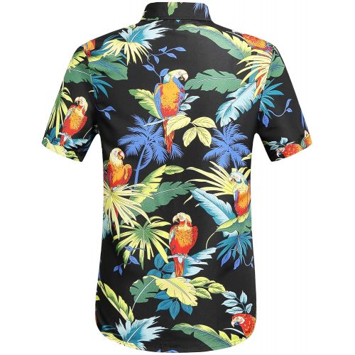  SSLR Mens Parrots Leaves Button Down Casual Short Sleeve Hawaiian Shirt