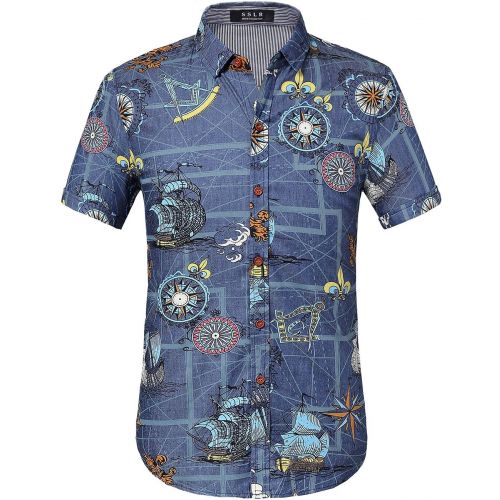  SSLR Mens Printed Casual Short Sleeve Denim Button Down Shirt