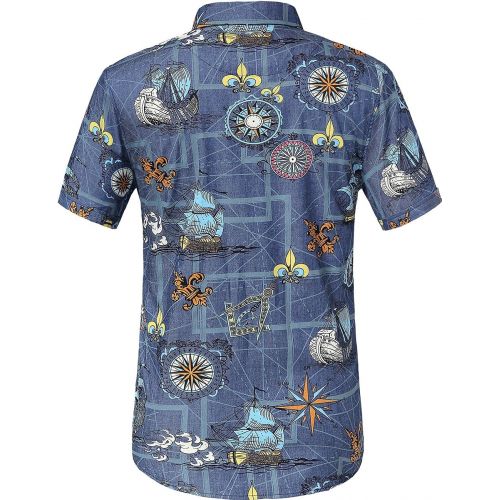  SSLR Mens Printed Casual Short Sleeve Denim Button Down Shirt