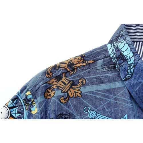  SSLR Mens Printed Casual Short Sleeve Denim Button Down Shirt