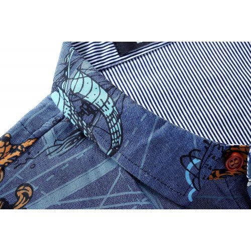  SSLR Mens Printed Casual Short Sleeve Denim Button Down Shirt