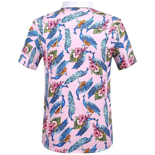  SSLR Mens Peacock Button Down Slim Fit Short Sleeve Casual Shirt