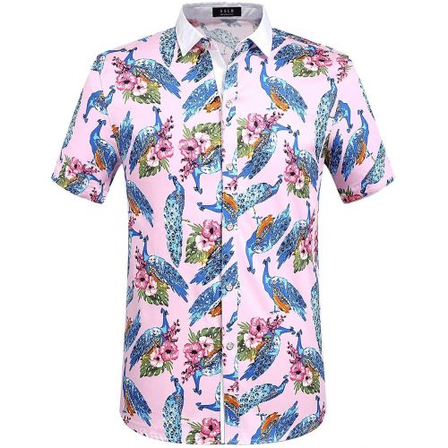  SSLR Mens Peacock Button Down Slim Fit Short Sleeve Casual Shirt