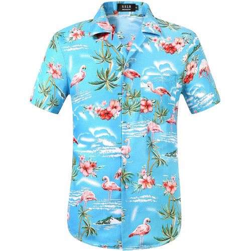  SSLR Mens Flamingo Relaxed Fit Casual Short Sleeve Hawaiian Shirt