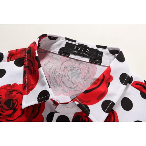  SSLR Mens Polka Rose Button Down Short Sleeve Casual Shirt