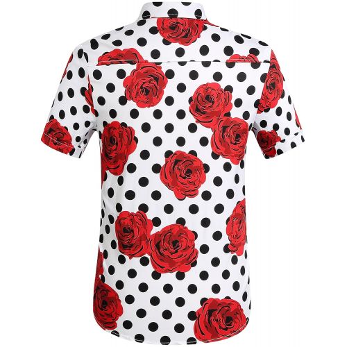  SSLR Mens Polka Rose Button Down Short Sleeve Casual Shirt