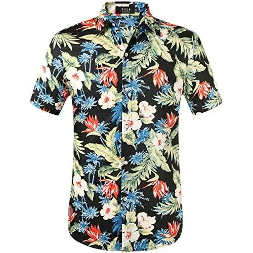  SSLR Mens Cotton Button Down Short Sleeve Tropical Hawaiian Shirts