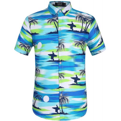  SSLR Mens Coconut Tree Button Down Casual Hawaiian Shirt