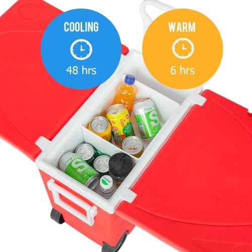  SSLine Outdoor Picnic Rolling Cooler Table Set Multi-Function Portable Folding Drink Cooler Cart Patio Camping Fishing Storage Food Beverage Picnic Table with 2 Stools