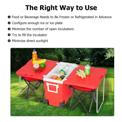  SSLine Outdoor Picnic Rolling Cooler Table Set Multi-Function Portable Folding Drink Cooler Cart Patio Camping Fishing Storage Food Beverage Picnic Table with 2 Stools