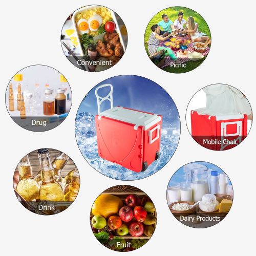  SSLine Outdoor Picnic Rolling Cooler Table Set Multi-Function Portable Folding Drink Cooler Cart Patio Camping Fishing Storage Food Beverage Picnic Table with 2 Stools