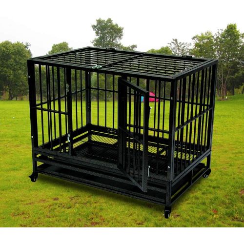  SSLine 42 Heavy Duty Dog Cage on Wheels Strong Metal Large Dog Kennel and Crate Pet Playpen Portable with Tray for Medium Large XL Dogs