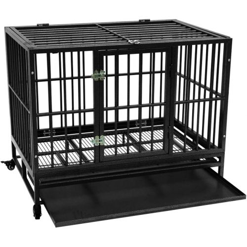  SSLine 42 Heavy Duty Dog Cage on Wheels Strong Metal Large Dog Kennel and Crate Pet Playpen Portable with Tray for Medium Large XL Dogs