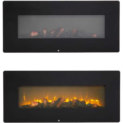  SSLine Wall Mounted Electric Fireplace Insert Log Heater with Remote Control Recessed Fire Place Stove Hanging Firelog Set Heater w/Tempered Glass Screen