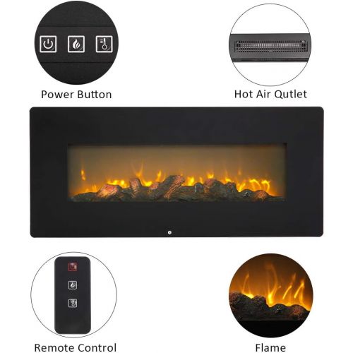  SSLine Wall Mounted Electric Fireplace Insert Log Heater with Remote Control Recessed Fire Place Stove Hanging Firelog Set Heater w/Tempered Glass Screen