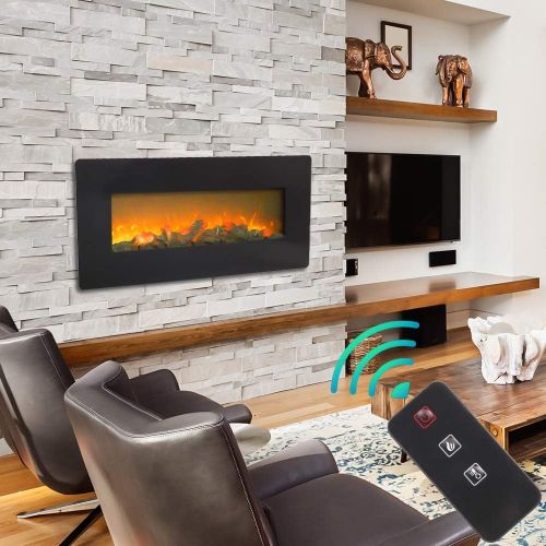  SSLine Wall Mounted Electric Fireplace Insert Log Heater with Remote Control Recessed Fire Place Stove Hanging Firelog Set Heater w/Tempered Glass Screen