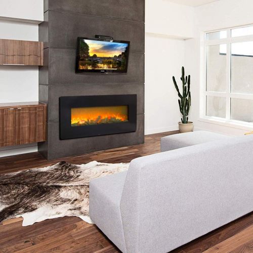  SSLine Wall Mounted Electric Fireplace Insert Log Heater with Remote Control Recessed Fire Place Stove Hanging Firelog Set Heater w/Tempered Glass Screen