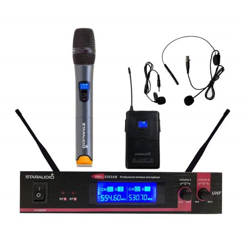  STARAUDIO Pro 2 Channel UHF Mic Set With 1CH Wireless UHF Handheld Microphone 1CH Wireless Headset Lapel UHF Microphone For Church PA Stage,Club,Bar KTV Mic System In Party Out Doo