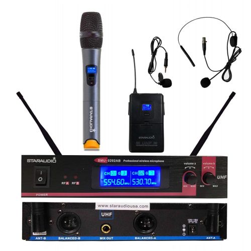  STARAUDIO Pro 2 Channel UHF Mic Set With 1CH Wireless UHF Handheld Microphone 1CH Wireless Headset Lapel UHF Microphone For Church PA Stage,Club,Bar KTV Mic System In Party Out Doo