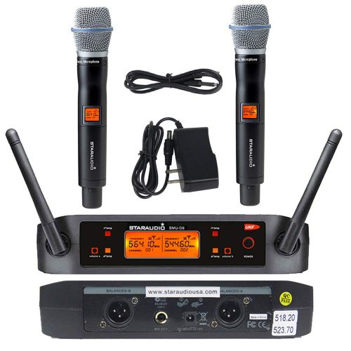  STARAUDIO 2 Channel Wireless UHF Microphone Set With 2CH UHF Handheld Microphones Cordless Mic set, Long Distance For PA,DJ,Clubs,Audio,Stage,KTV,Karaoke,Church,Wedding, Home Party