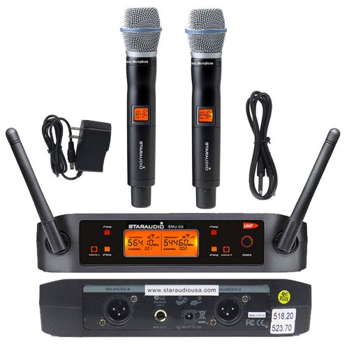  STARAUDIO 2 Channel Wireless UHF Microphone Set With 2CH UHF Handheld Microphones Cordless Mic set, Long Distance For PA,DJ,Clubs,Audio,Stage,KTV,Karaoke,Church,Wedding, Home Party