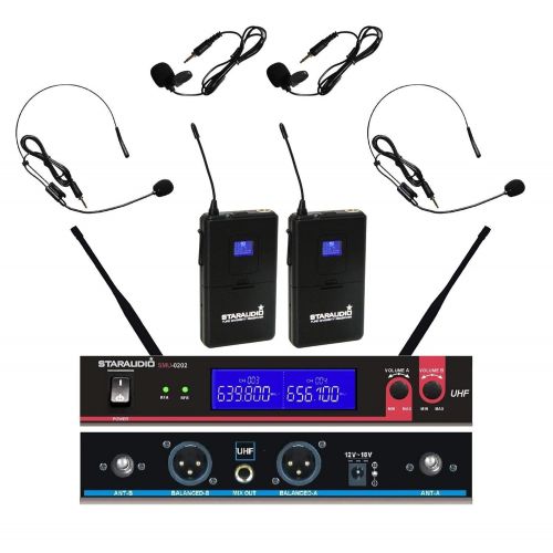  STARAUDIO Dual Channel UHF DJ Karaoke Church Wireless Microphone System 2CH UHF Headset Bodypack Lavalier Lapel Microphone For Stage DJ KTV Wedding Party Night Clubs Bar Mic School