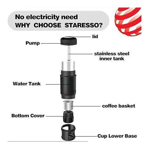  STARESSO Classic Portable Espresso Maker, 2 in1 Travel Coffee Maker,Compatible Capsules and Ground Coffee,Manual Espresso Machine,Hand Press Coffee Maker for Kitchen Travel,Camping,Hiking