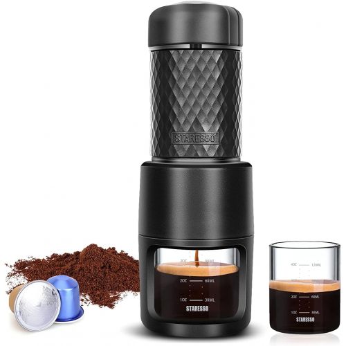  Portable Espresso Maker - STARESSO Mini Coffee Maker Using Ground Coffee & Espresso Pods, Manual Espresso with Rich & Thick Crema, Handy Espresso Maker for Travel Camping Office Ho