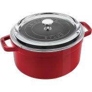 Staub Cast Iron Dutch Oven 4-qt Round Cocotte with Glass Lid, Made in France, Serves 3-4, Cherry