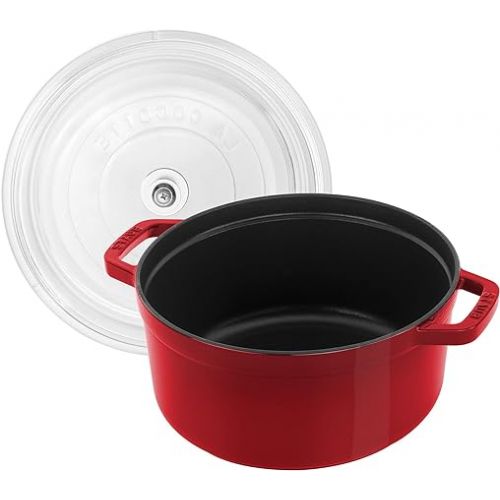  Staub Cast Iron Dutch Oven 4-qt Round Cocotte with Glass Lid, Made in France, Serves 3-4, Cherry