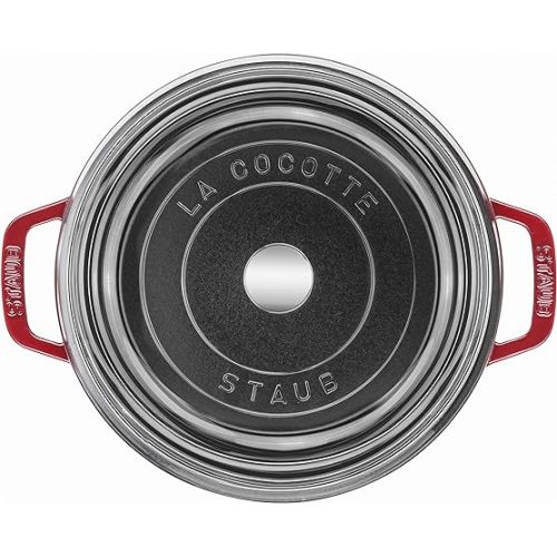  Staub Cast Iron Dutch Oven 4-qt Round Cocotte with Glass Lid, Made in France, Serves 3-4, Cherry