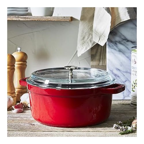  Staub Cast Iron Dutch Oven 4-qt Round Cocotte with Glass Lid, Made in France, Serves 3-4, Cherry