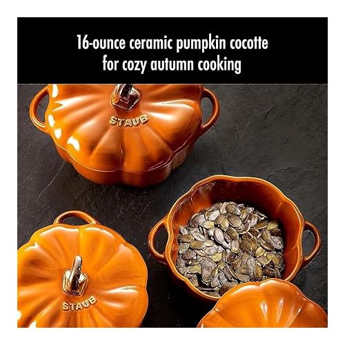  Staub Ceramic 2-pc 16-oz Petite Pumpkin Cocotte Set- Burnt Orange