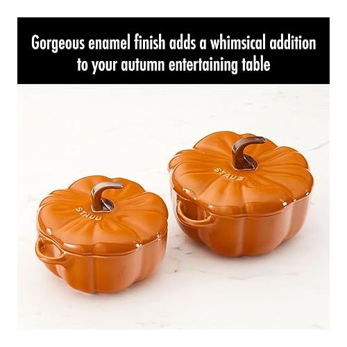  Staub Ceramic 2-pc 16-oz Petite Pumpkin Cocotte Set- Burnt Orange