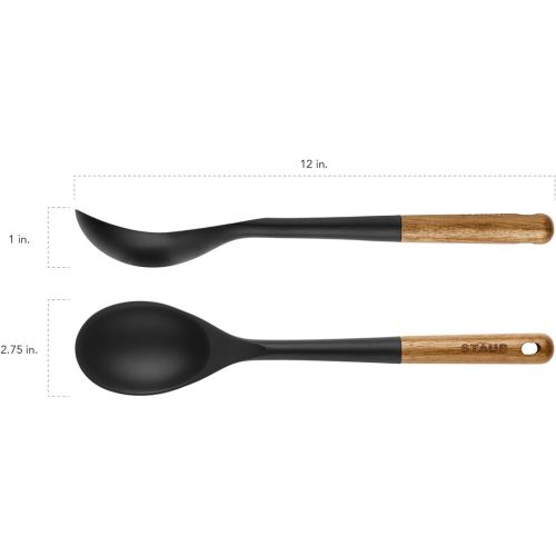  STAUB Serving Spoon, Great for Scooping Sides and Serving Hearty Stews, Durable BPA-Free Matte Black Silicone, Acacia Wood Handles, Safe for Nonstick Cooking Surfaces