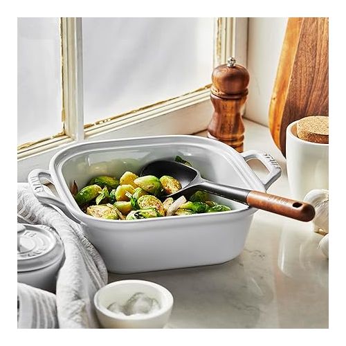  STAUB Serving Spoon, Great for Scooping Sides and Serving Hearty Stews, Durable BPA-Free Matte Black Silicone, Acacia Wood Handles, Safe for Nonstick Cooking Surfaces